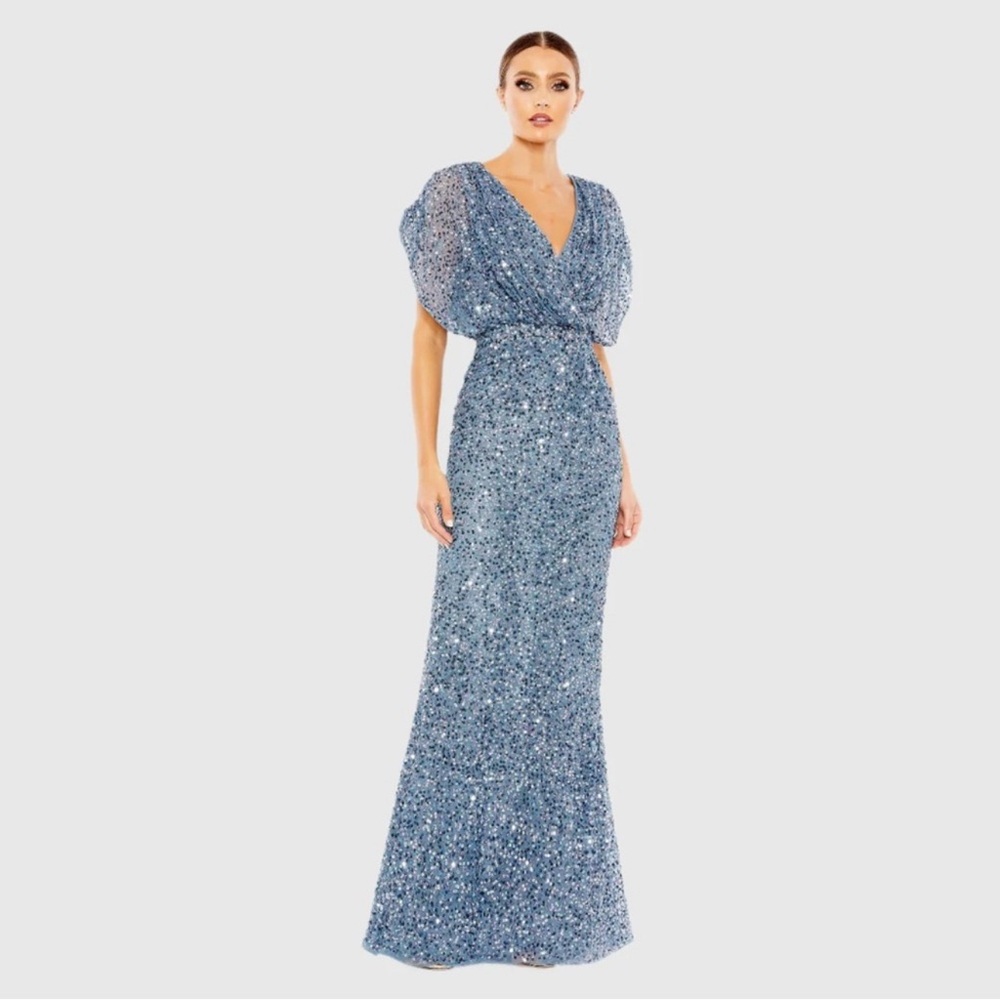 NWT Mac Duggal Fully Sequined Draped Sleeve V Neck Gown Dress Slate Blue